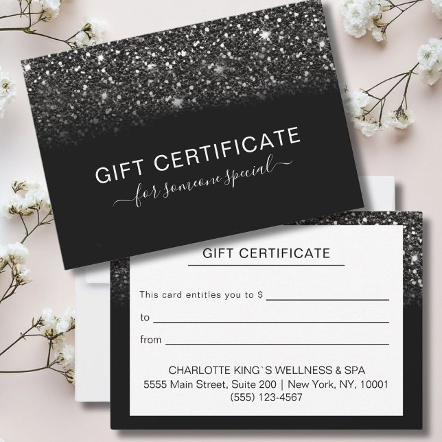 CERTIFICADO DE NEGÓCIOS DE NEGÓCIOS Negra Moderna (Personalized Modern Black Glitter BUSINESS CERTIFICATE, black, silver glitter)