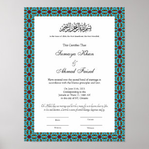 Certificado de nikkah muçulmano de Turkuaz poster