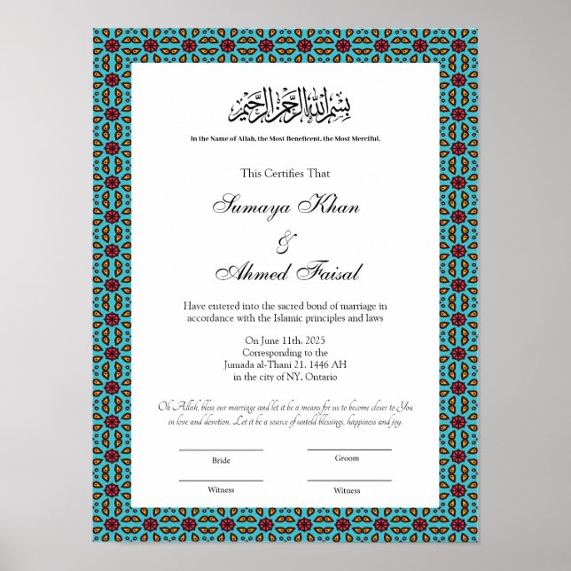 Certificado de nikkah muçulmano de Turkuaz poster (Frente)
