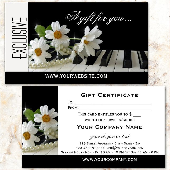 Certificado de Oferta de Música Piano Elegante Mod (Elegant gift certificate business card featuring an image of flowers on a piano)