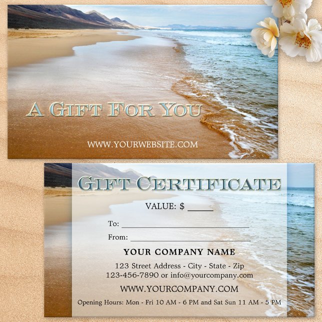 Certificado de oferta de praia (Business card size gift certificate featuring an image of the beach)