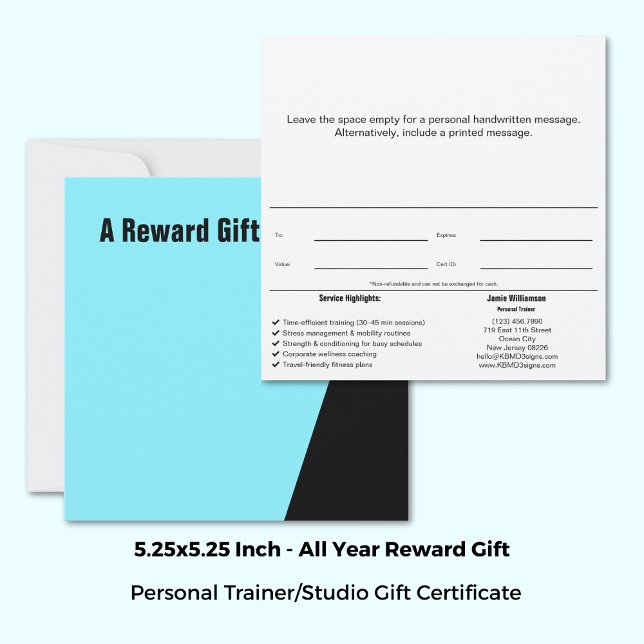 Certificado de oferta de recompensa para atletas d (Square 5.25"x5.25", Personal Trainer Athletes Reward Gift Certificate, Electric-Blue, White, Black)
