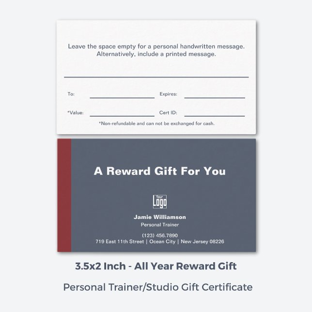 Certificado de oferta mínima de recompensa do trei (3.5x2 Inch, Minimal Personal Trainer Reward Gift Certificate, Grey, White, Red)