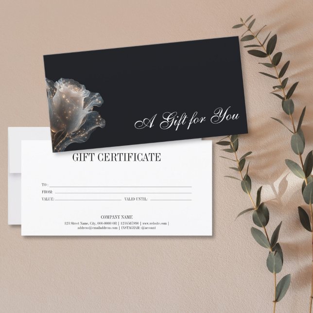 Certificado de Oferta Profissional Moderna Elegant (elegant glitter white rose on the black background, gift certificate)