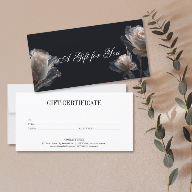 Certificado de Oferta Profissional Moderna Elegant (elegant glitter white rose on the black background, gift certificate)