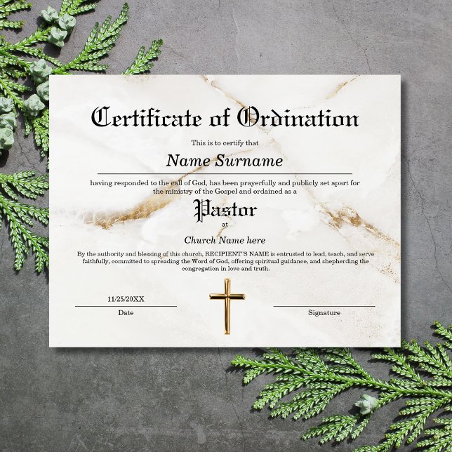 Certificado de Ordenação do Pastor Church (certificate of ordination with white marble background and a gold cross)