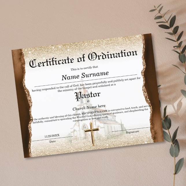 Certificado de Ordenação do Pastor Church (church ordination certificate with brown agate and gold glitter combined with watercolor church )