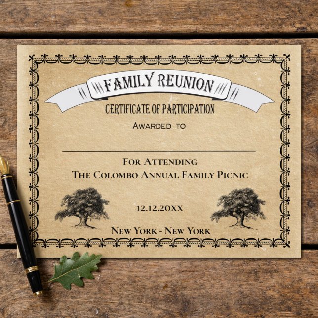 Certificado de Participação de Reunião de Árvore F (Family Reunion Event Certificate. Prizes, participation, award. Family Tree Design,)