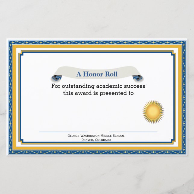 Certificado de Prêmio Acadêmico Azul e Amarelo (Frente)