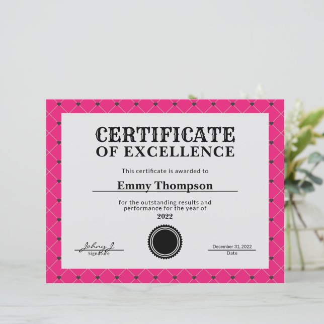 Certificado de Prêmio da Empresa Magenta Rosa Vibr (Em pé/Frente)