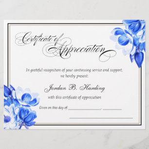 Certificado de Prêmio de Apreciação Blue Floral