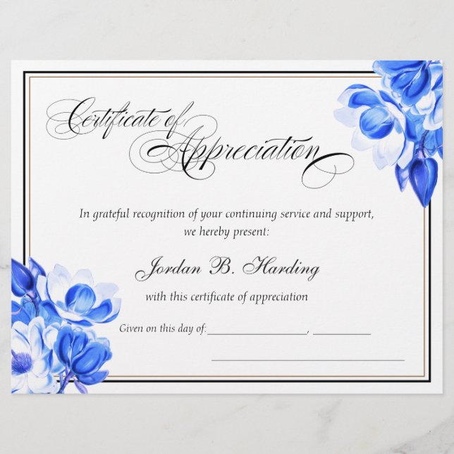 Certificado de Prêmio de Apreciação Blue Floral (Frente)