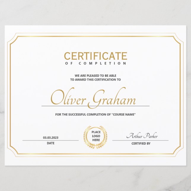 Certificado de Prêmio de conclusão (Frente)