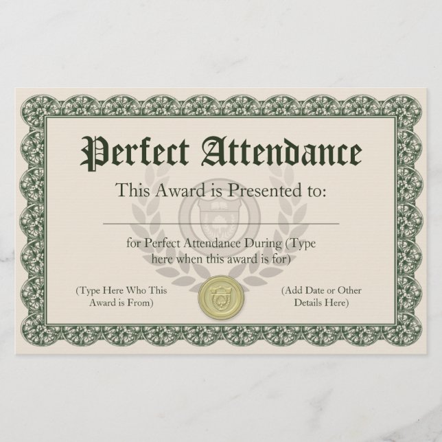 Certificado de Prêmio de Participação Perfeita, Pe (Frente)