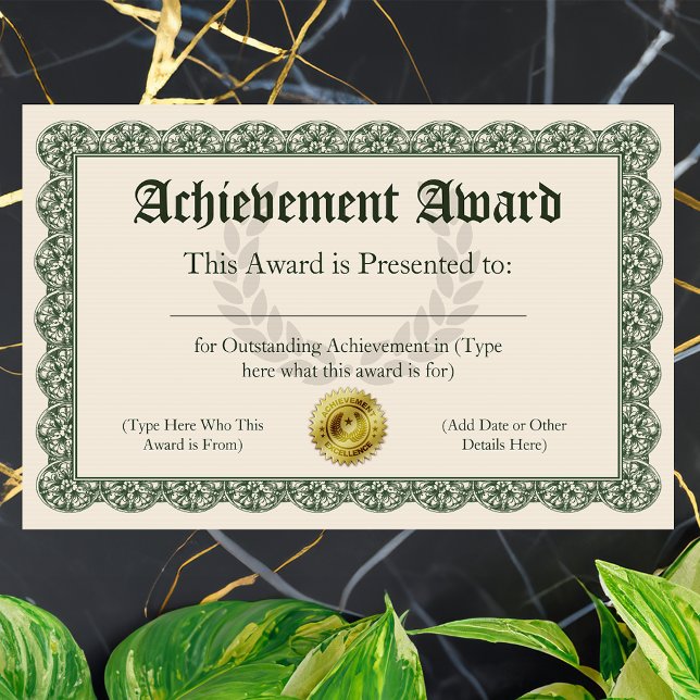 Certificado de Prêmio de Realização, Personalizáve (Customizable Achievement Award Certificate)