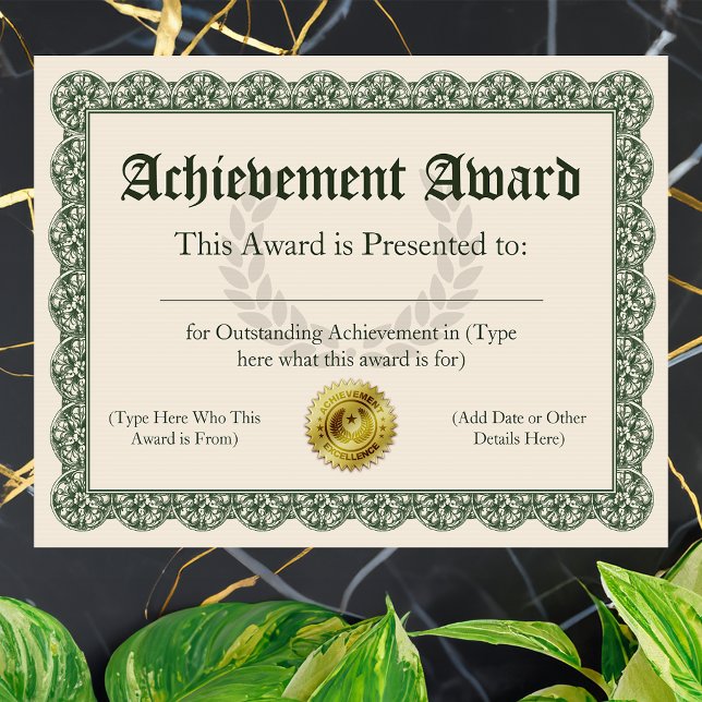 Certificado de Prêmio de Realização, Personalizáve (customizable achievement award)