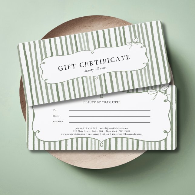 Certificado de Pres (Green White Stripe Vintage Bow Gift Certificate)