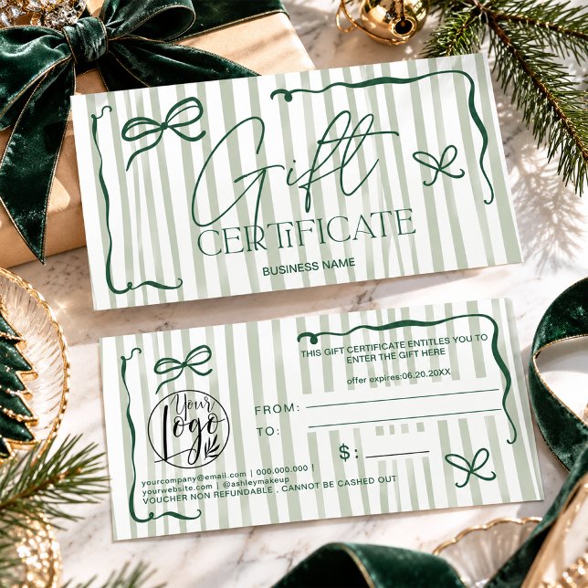 Certificado de Presente Arco Retro Verde Sage Excê (Quirky Retro Sage Green Bow Gift Certificate)
