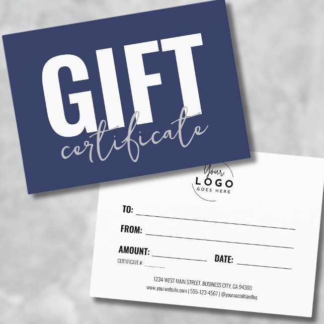 Certificado de Presente Azul Marinho para Negócios (Your Logo Navy Blue Business Gift Certificate)