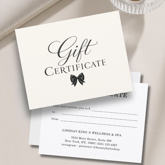 Certificado de Presente Bege Preto Elegante (Elegant Bow Beige Black Gift Certificate)