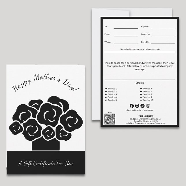 Certificado de Presente Branco Preto para Dia de a (Happy Mother's Day Black White Gift Certificate, Scissors Cut Style, QR code, Service List, SM)