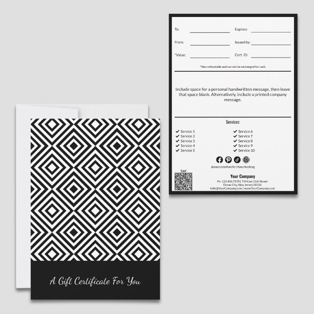 Certificado de Presente Branco Preto para Nota de  (QR Code Service Note Black White Gift Certificate: Personal Note, Tracking, List, Social Media)