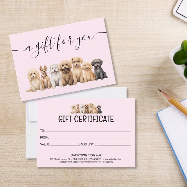 Certificado de Presente Cão de Alinhamento Pet Sit (cute watercolor dogs puppies on the blush pink background, gift certificate for groomers pet sitting)