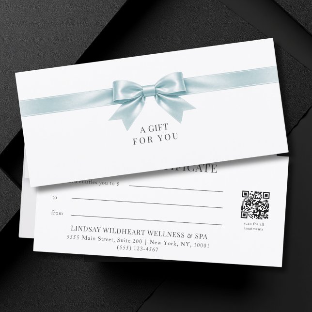 Certificado de Presente Código QR Arco Branco Eleg (Elegant White Blue Bow QR Code Gift Certificate)