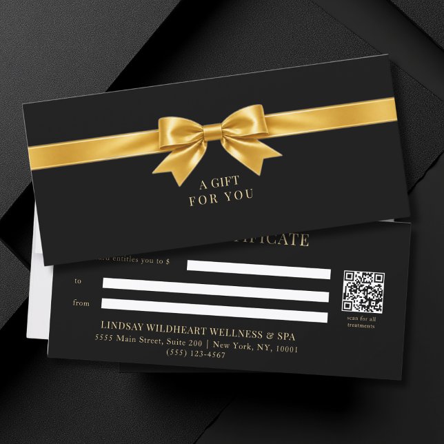 Certificado de Presente Código QR Arco Preto Elega (Elegant Black Gold Bow QR Code Gift Certificate)