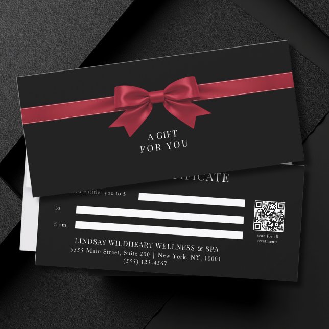Certificado de Presente Código QR Arco Preto Elega (Elegant Black Red Bow QR Code Gift Certificate)