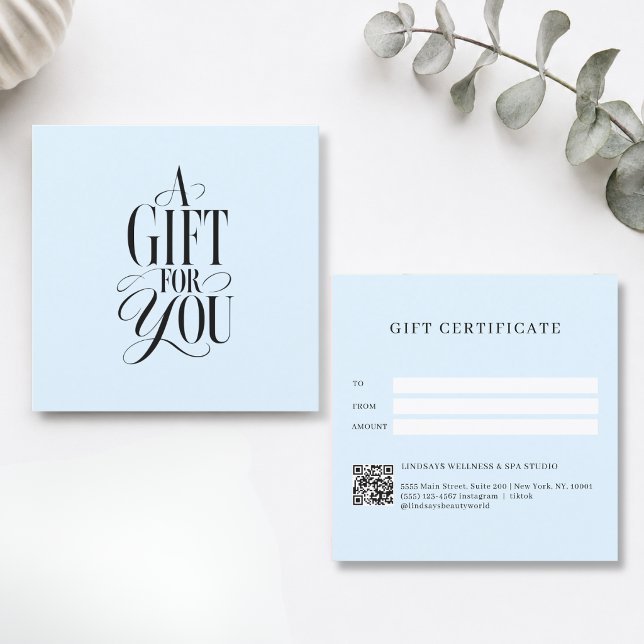 Certificado de Presente Código QR Azul Fonte Moder (Modern Script Font Blue QR Code Gift Certificate)