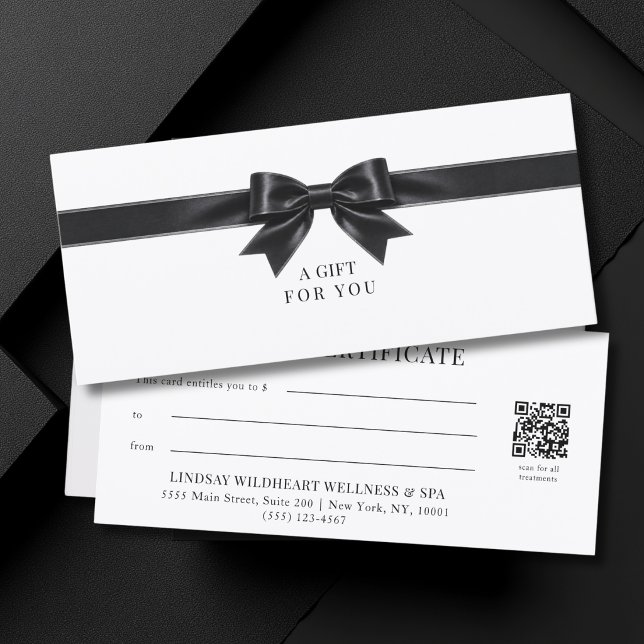 Certificado de Presente Código QR com Laço Branco  (Elegant White Black  Bow QR Code Gift Certificate)