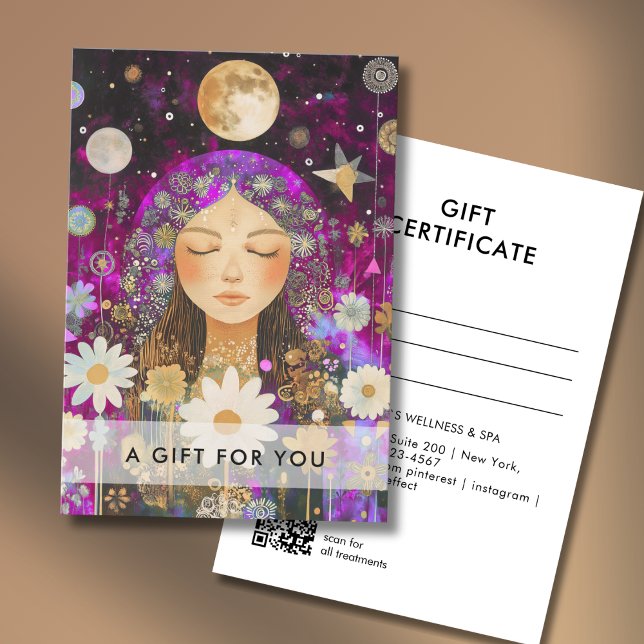 Certificado de Presente Código QR Cosmic Girl Boho (Cosmic Girl Boho Moon QR Code Salon Gift Certificate Purple-Pink & Gold)