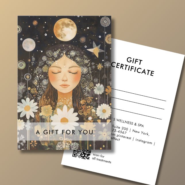 Certificado de Presente Código QR Cosmic Girl Boho (Cosmic Girl Boho Moon QR Code Salon Gift Certificate Brown & Gold)