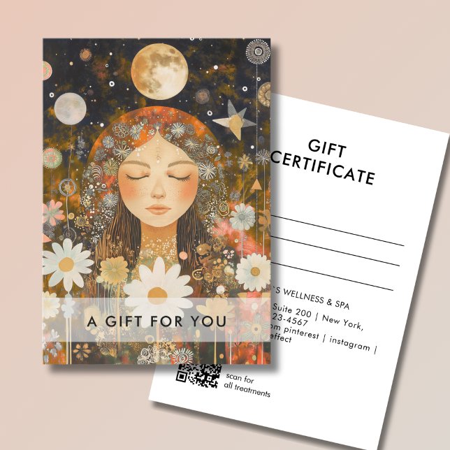 Certificado de Presente Código QR Cosmic Girl Boho (Cosmic Girl Boho Moon QR Code Salon Gift Certificate Orange & Gold)