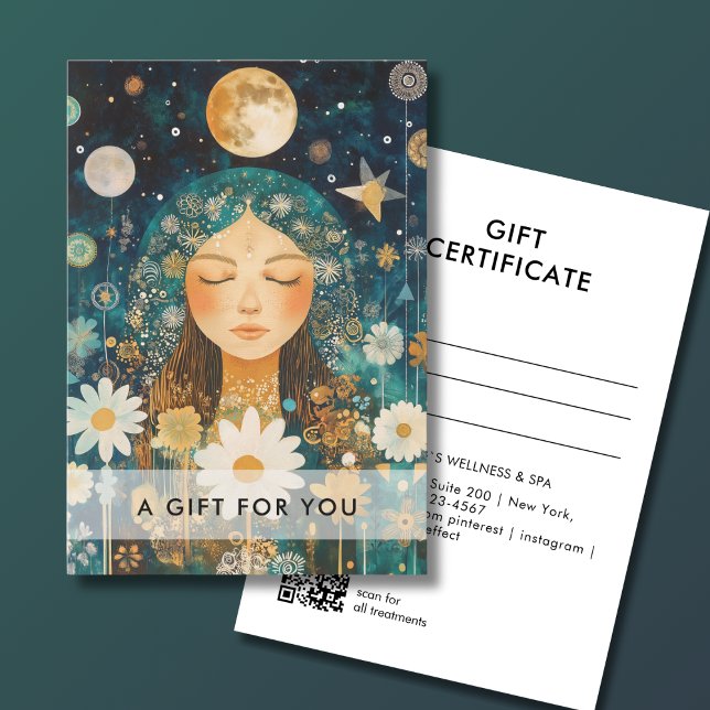 Certificado de Presente Código QR Cosmic Girl Boho (Cosmic Girl Boho Moon QR Code Salon Gift Certificate Green & Gold)