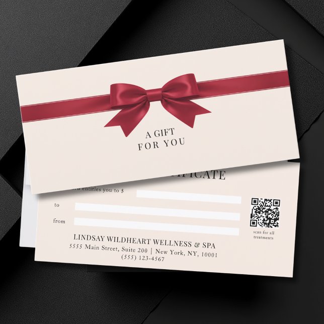 Certificado de Presente Código QR Elegante Bege Ve (Elegant Beige Red Bow QR Code Gift Certificate)