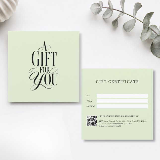 Certificado de Presente Código QR Verde Fonte Mode (Modern Script Font Green QR Code Gift Certificate)