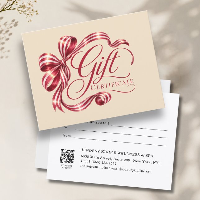 Certificado de Presente com Código QR de Laço Burg (Elegant Burgundy Bow QR Code Gift Certificate)