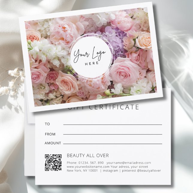 Certificado de Presente com Código QR de Logotipo  (Modern Floral Logo QR Code Gift Certificate)
