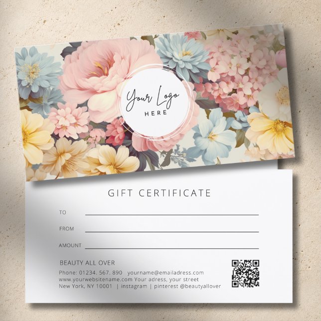 Certificado de Presente com Código QR de Logotipo  (Vintage Floral Logo QR Code Gift Certificate)
