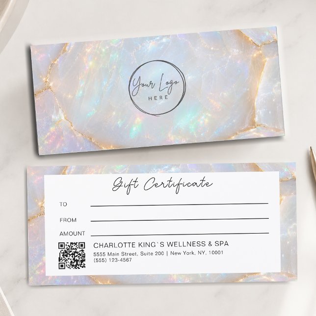 Certificado de Presente com Código QR do Logotipo  (Luxury Opal Holographiy Salon Logo QR Code Gift Certificate)