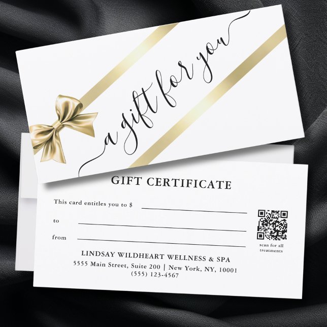 CERTIFICADO DE PRESENTE COM FITA BRANCA E DOURADA  (ELEGANT GOLD WHITE RIBBON QR CODE BUSINESS GIFT CERTIFICATE)