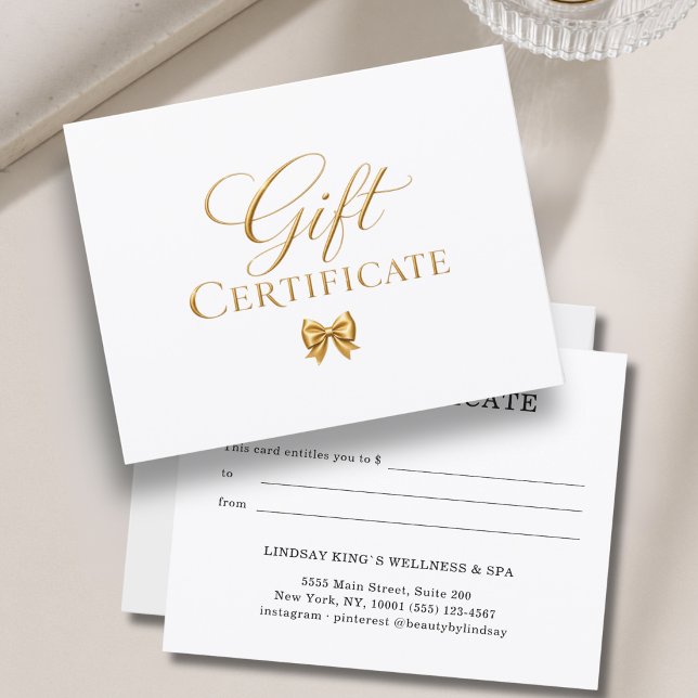 Certificado de Presente de Arco de Ouro Branco Ele (Elegant White Gold Bow Gift Certificate)