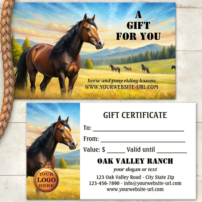 Certificado de Presente de Aulas de Equitação a Ca (Artistic gift certificate featuring horses in a watercolor landscape - horse and pony riding lessons)