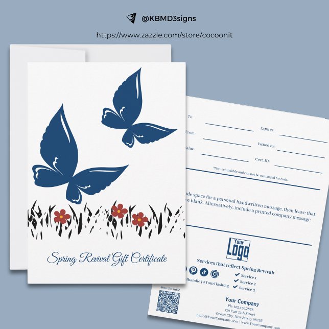Certificado de Presente de Borboletas de Primavera (Professional Spring Butterflies Gift Certificate, Blue, White, Black Lawn Silhouette, Red Blooms)