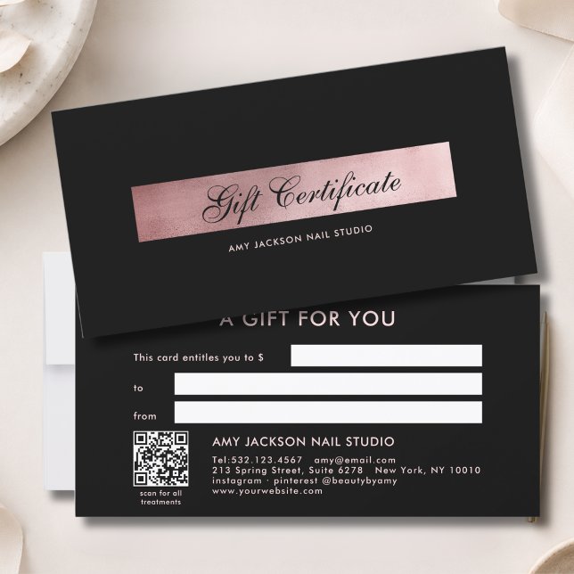 Certificado de Presente de Código QR Elegante Pret (Elegant Black Rosegold QR Code Gift Certificate)