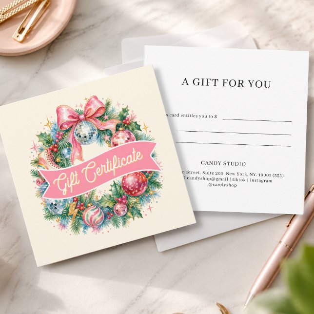 Certificado de Presente de Coroa de Natal Retro Di (Retro Disco Christmas Wreath Beige Gift Certificate)