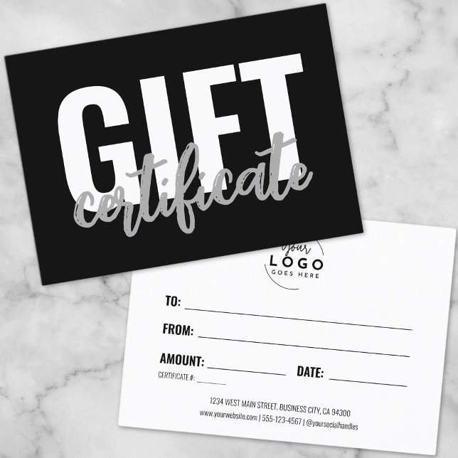 Certificado de Presente de Empresa Preto e Branco (Logo Simple Script Business Gift Certificate)
