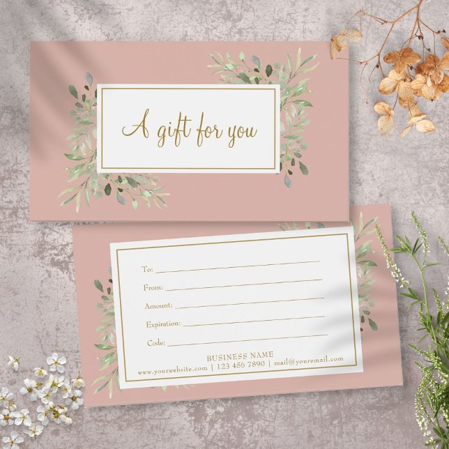 Certificado de Presente de Folhas de Primavera Ros (Blush Pink Spring Leaves Script Gift Certificate)